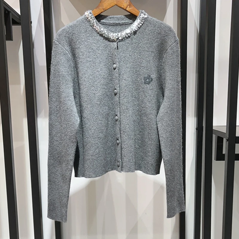 

Runway New Gray Knitted Embroidery Cardigans High Quality Single Breasted Sequin Round Neck Loose Sweater 23Autumn Solid Clothes