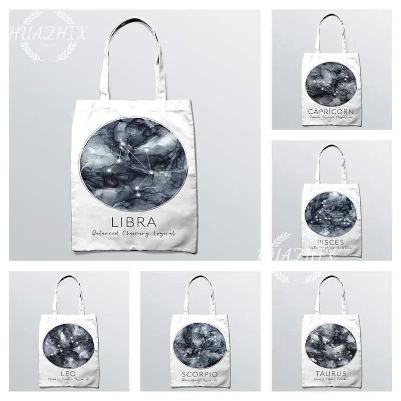 

Twelve Constellations Shoulder Bag Zodiac Sign Tote Canvas Women Shopping Handbag Child Folding Eco Reusable Beach Storage Bags