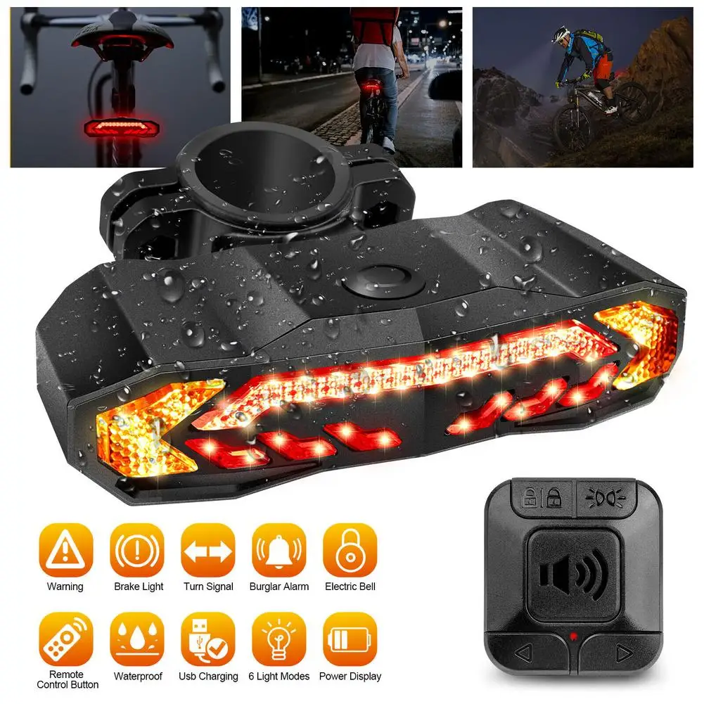 

Bike LED Tail Light Brake Lamp Alarm Wireless Remote Control Turn Signal USB Rechargeable Night Ride Light