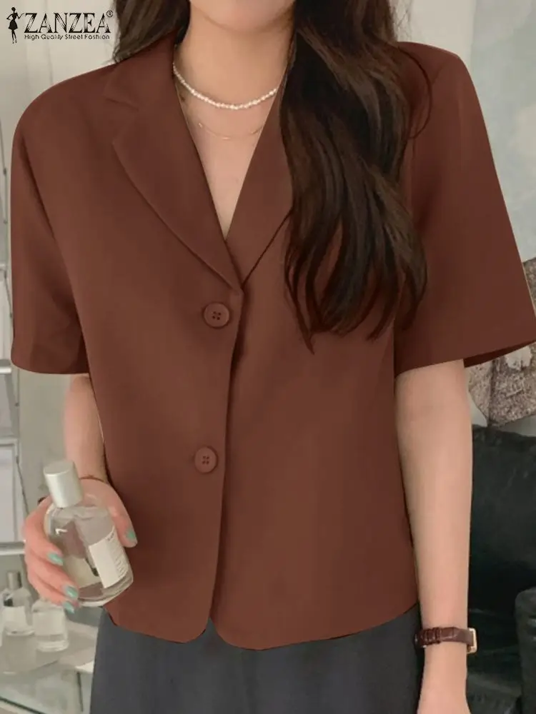 

2023 ZANZEA Korean Fashion Women Blouse Summer Lapel Neck Short Sleeve Solid Tops Elegant Office Work Shirt Loose Holiday Blusas