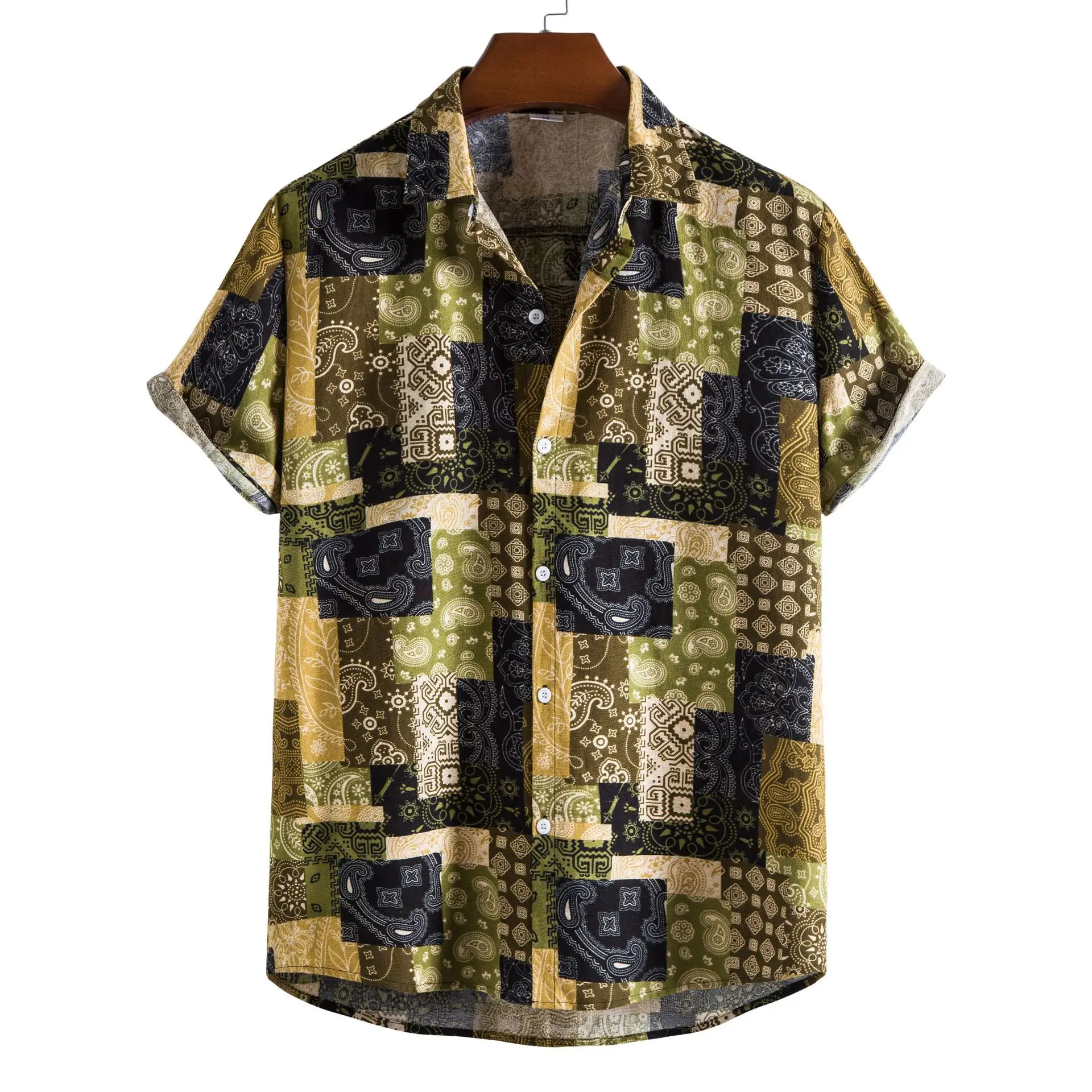 

Mens Paisley Vintage Cotton Shirts Shorts Sleeve Button Up Lapes Casual Shirts Summer Tops Fahion Ethnic Shirts