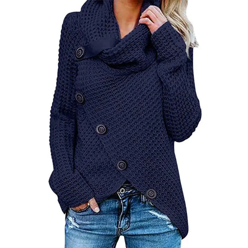 

Womens Winter Autumn Long Sleeve Pullover Tops Turtleneck Oblique Buttons Waffle Knitted Sweater Irregular Hem Loose Sweatshirt