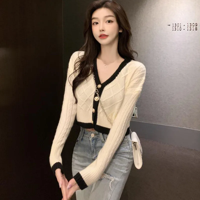 

Sweater Cardigan Women Korean V-Neck Long Sleeve Twist Knitted Sweater Woman New Ins Contrast Stitching Cropped Cardigans Tops