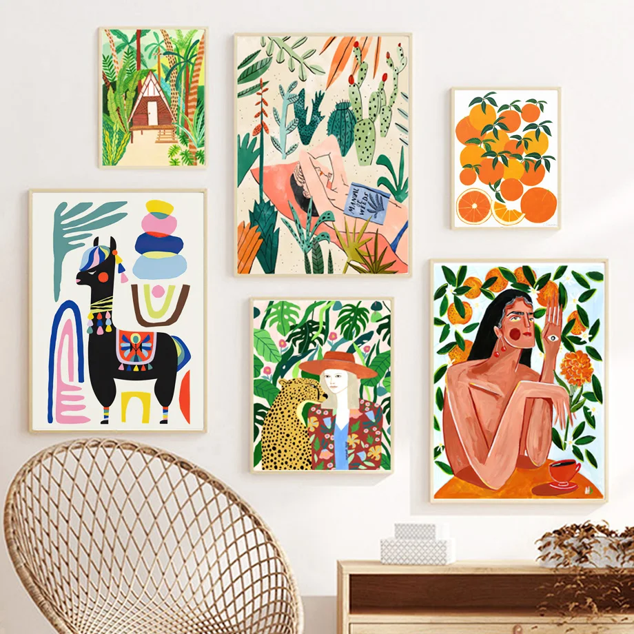 

Alpaca Orange Leopard Girl Cacti Monstera Wall Art Canvas Painting Nordic Posters And Prints Wall Pictures For Living Room Decor