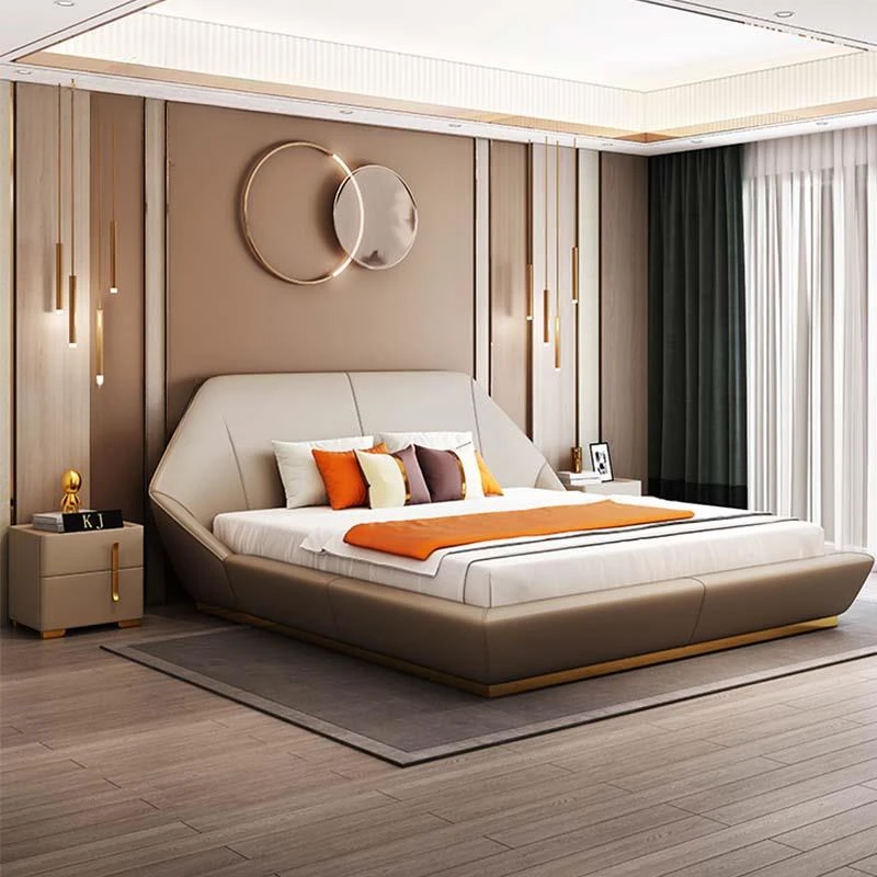 

Двуспальная/двуспальная кровать с рамкой и матрасом и ночной подставкой, роскошная кожаная кровать, домашняя мебель для спальни