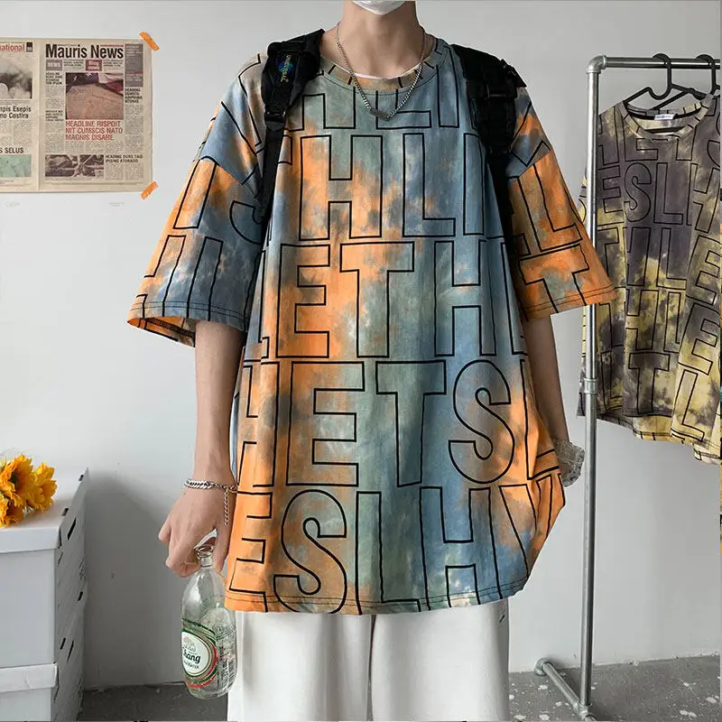

Hong Kong Style Summer Loose Casual Trendy Tie-Dye Letter Print Short-SleeveTT-shirt Paragraph NumberT3236 P40【Control58】