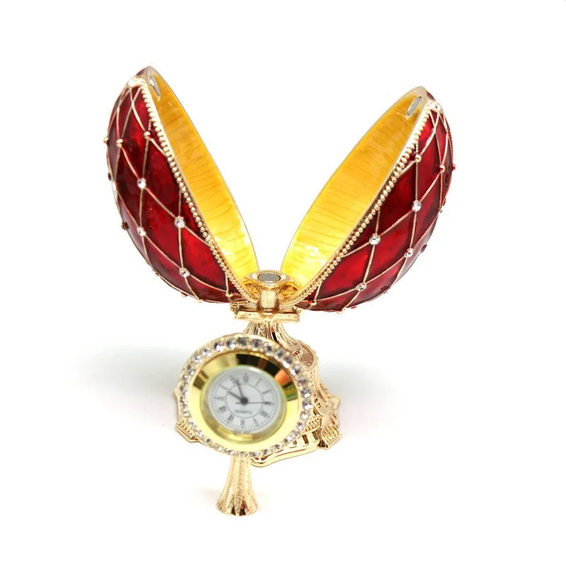Faberge Egg Trinket Box & Clock Handmade Crystals Egg Shaped Hinged Trinket with Clock inside