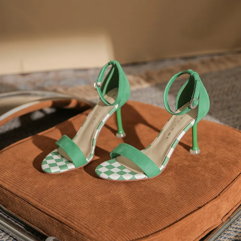 

[Sheepskin] Women's Sandals 2022 Summer New Chessboard Open Toe With One Belt Suede High Heel Women's Shoes Back Cover