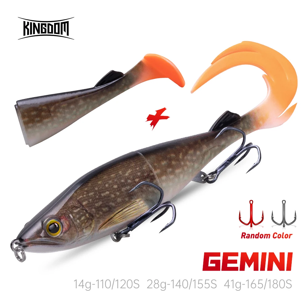 

Kingdom GEMINI Fishing Lures 14g 28g 41g Sinking Wobblers ABS Body With Soft T-Tail And Flame Tail SwimBaits Soft Lure For Pike