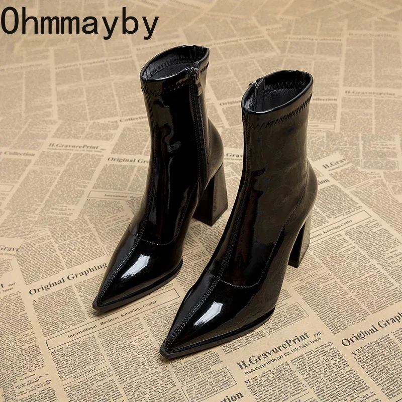 Женские ботильоны на молнии сбоку с острым носком толстом каблуке