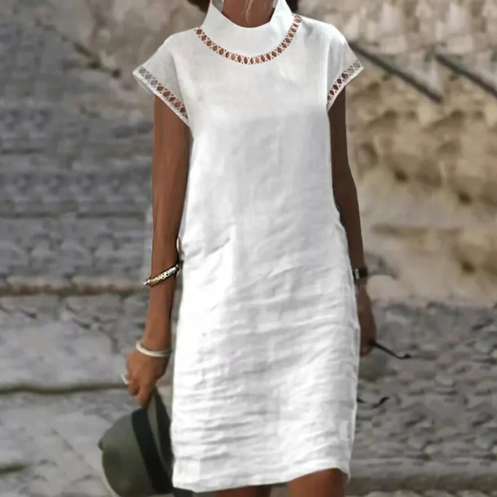 

Women Sexy Luxury Clothing Dress Turtleneck Lace Summer Casual White Elegant Linen Half-sleeve Dress Fashion Color Female Solid