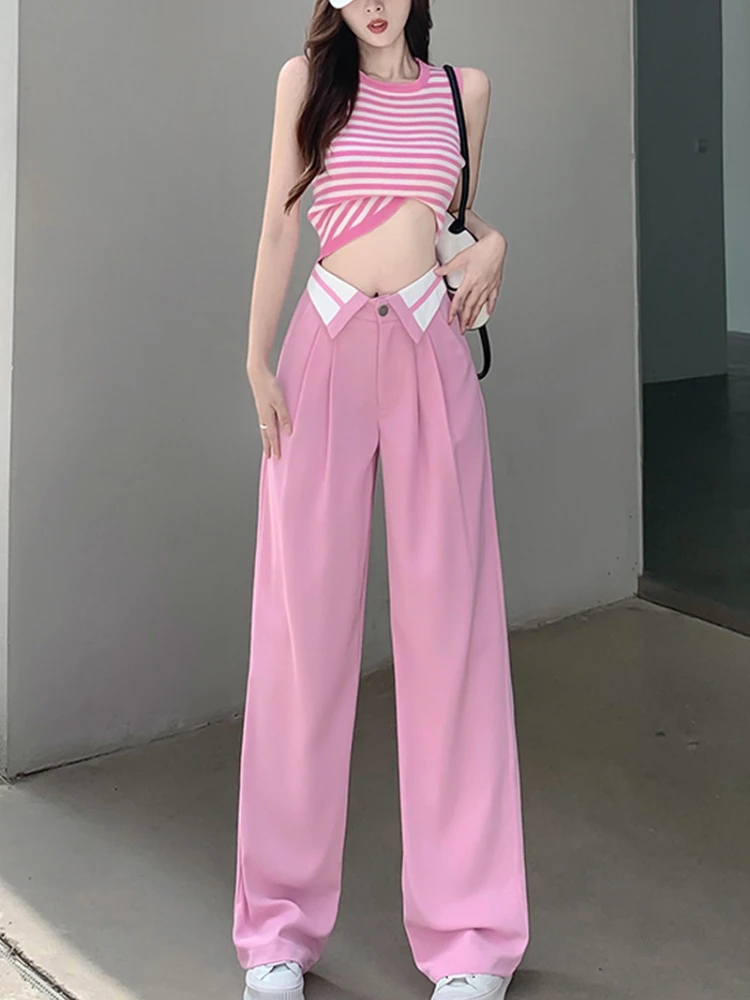 

Женские прямые брюки в Корейском стиле, повседневные свободные однотонные брюки розового цвета с широкими штанинами, осень 2022