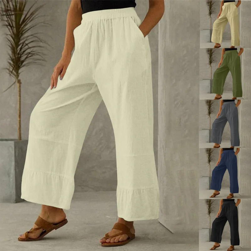 

Mid-waist elastic wide-leg pants women's cotton and linen pants