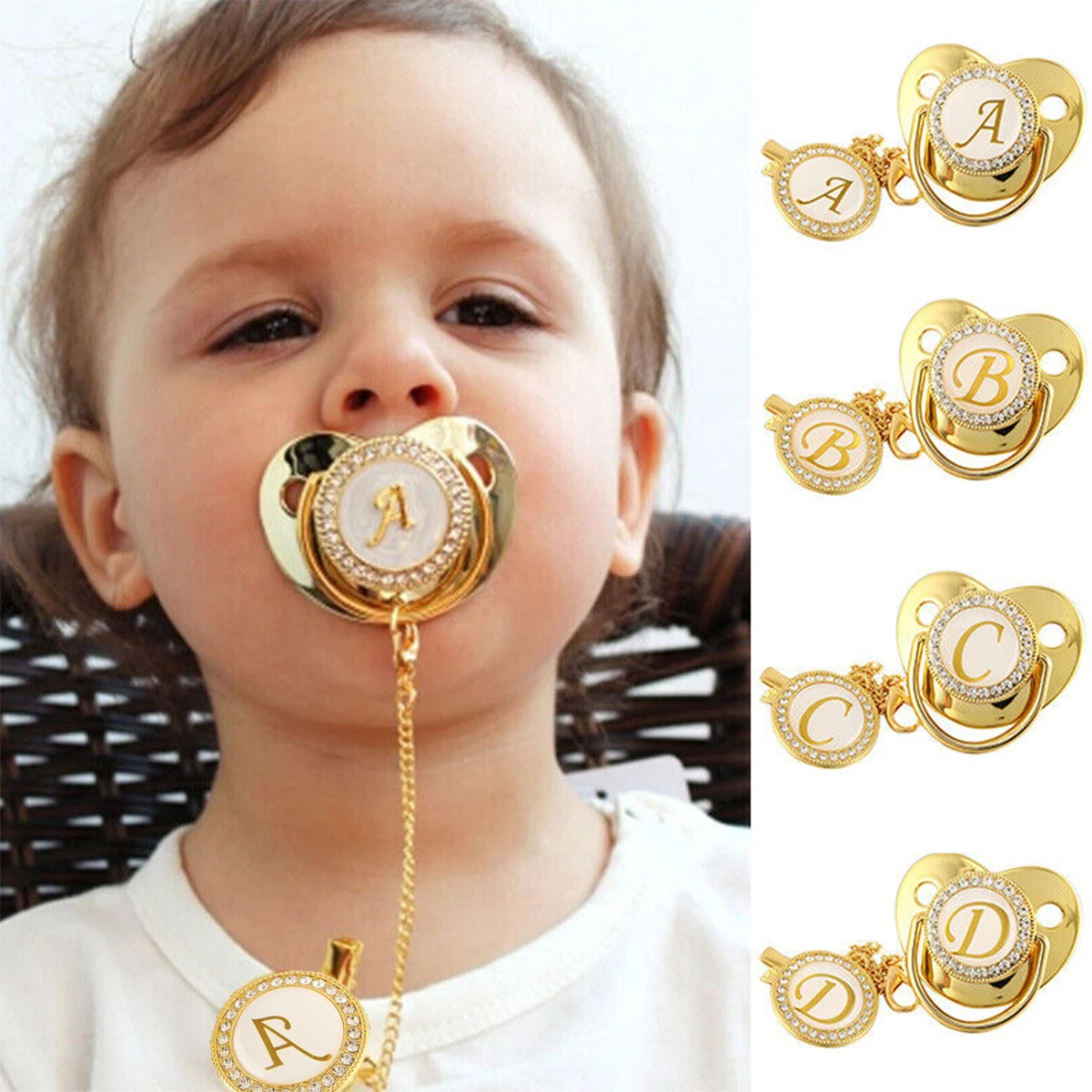 

26 Letters Baby Pacifier Clips Newborn Nipple Name Initial Letter Silicone Gold