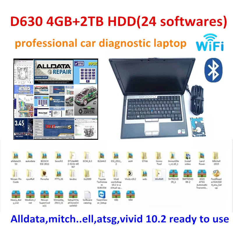 2022 хит! Для ноутбука Dell D630 4 Гб оперативной памяти с 24 программными обеспечениями 2 ТБ HDD Alldata 10,53, Mitch .. ell,Vivid 10,2, Atsg 2017 хорошо установлен