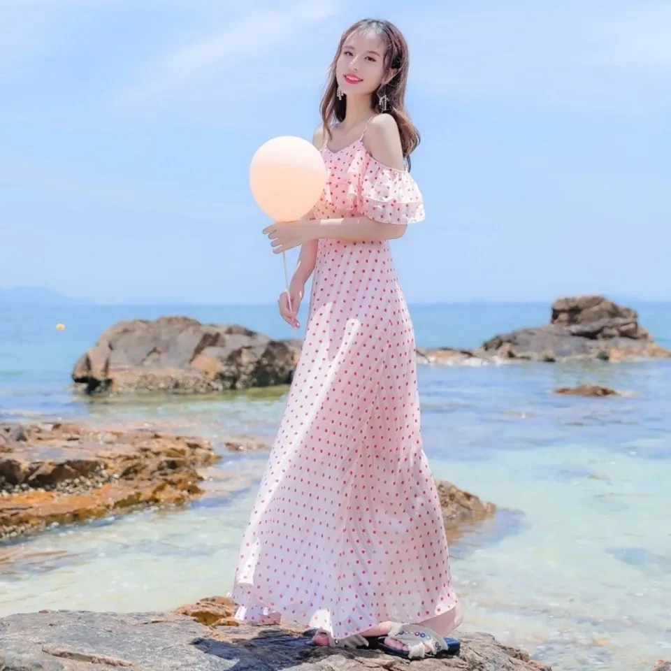 

Pink dress wave Dot Chiffon suspender skirt summer 2022 new off shoulder FAIRY DRESS thin beach skirt vacation