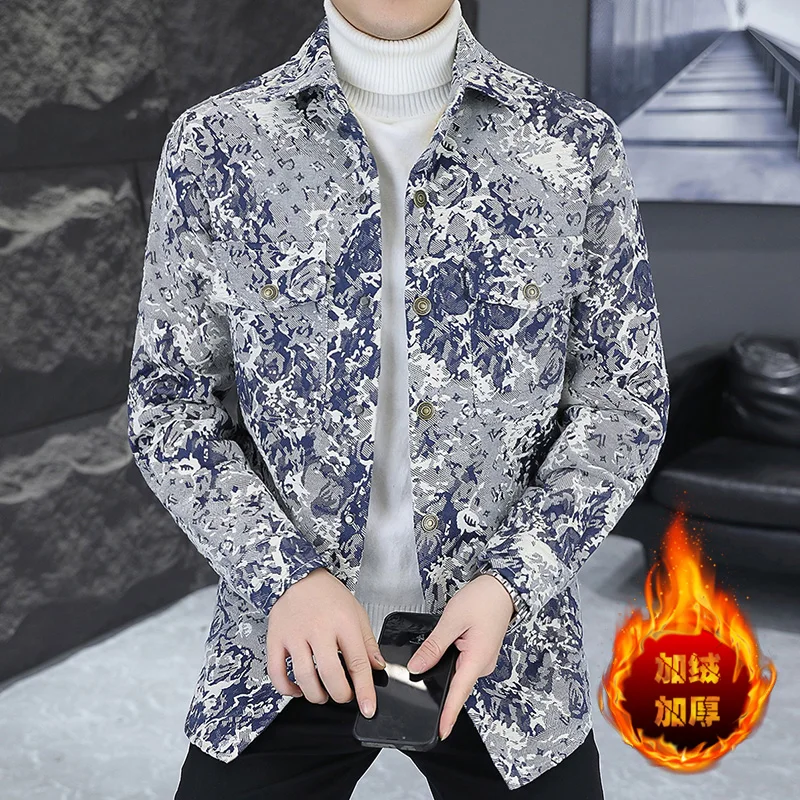 Осенне-зимнее Модное Новое мужское повседневное шерстяное пальто с принтом