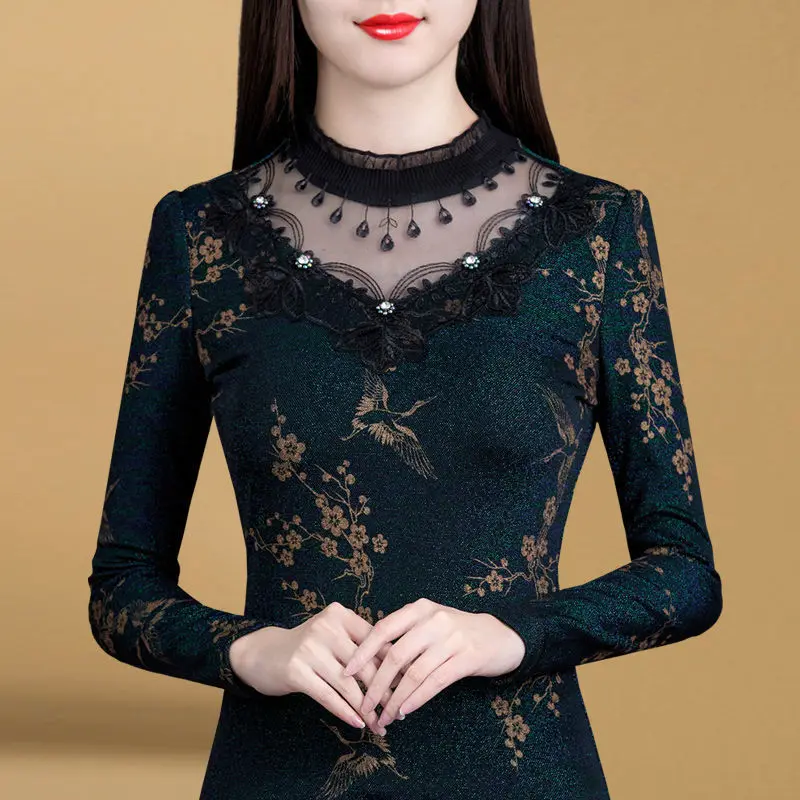 

2022 Spring Autumn Ladies High High Collar Lace Blouses Women Slim Bottoming Shirts Female Long Sleeve Elegant Print Tops B25