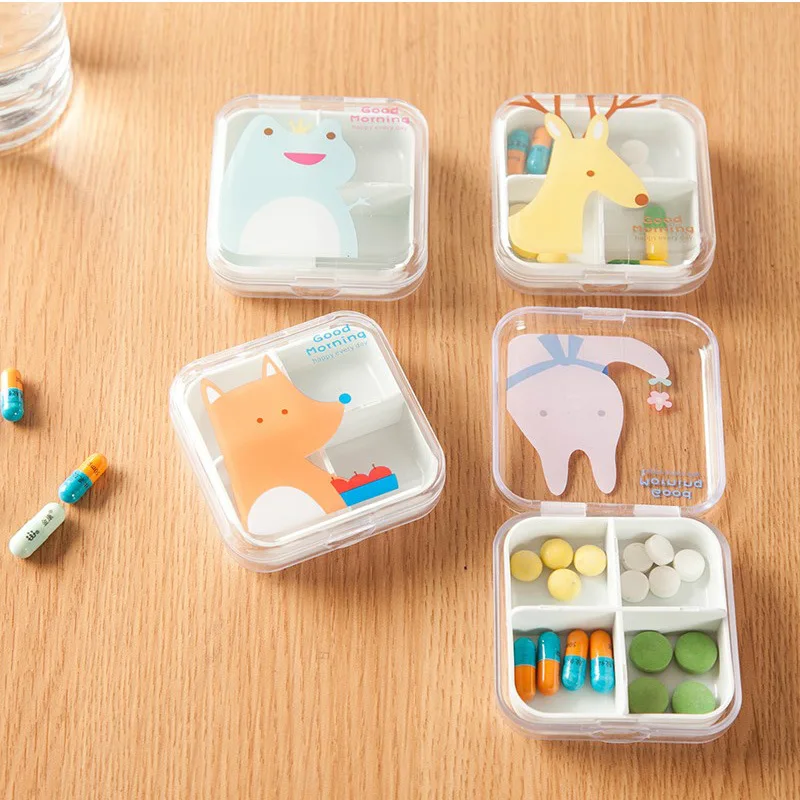 4 Slots Transparent Cute Cartoon Mini Storage Medicine Pill Box Portable Empty Plastic Container Cases Travel Accessories