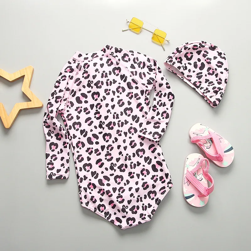 Girls' Swimsuit Leopard Print Long Sleeve Swimwear for Girls One Piece Bodysuit Bathing Suit Children Swimming Suits Rashguard |