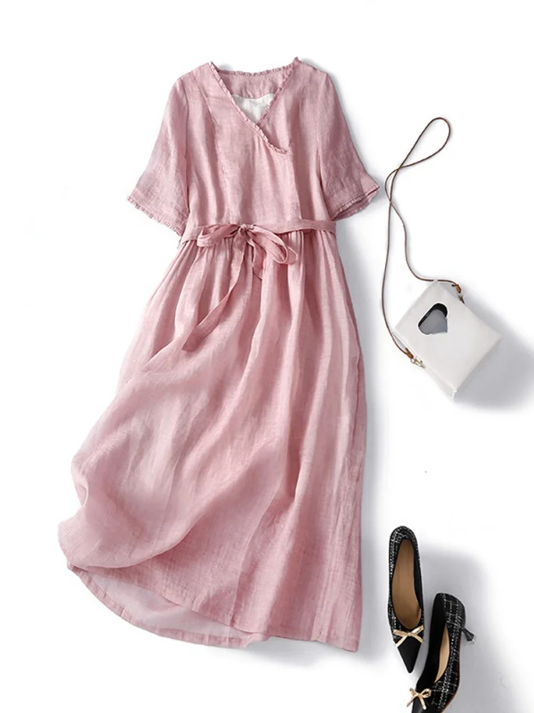 

Женское платье из хлопка и льна, Элегантное Длинное платье с высокой талией и V-образным вырезом, Офисная Мода, Новинка лета 2022