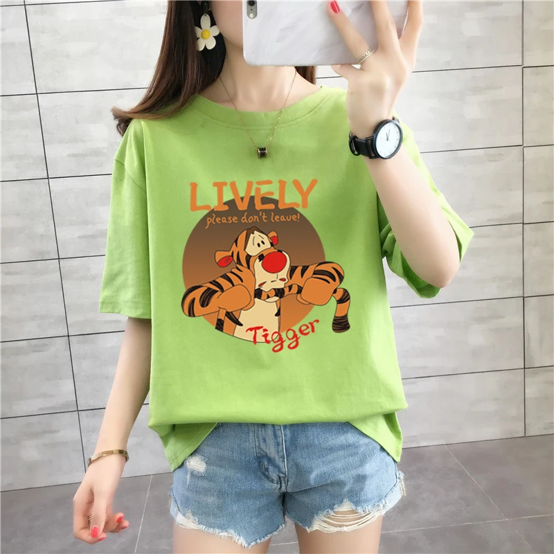 

Disney Print Letter Tigger Black Pink Y2k Tops for Ladies Short Sleeve Casual Korean Fashion T Shirt Women 3XL Loose Cotton Tops