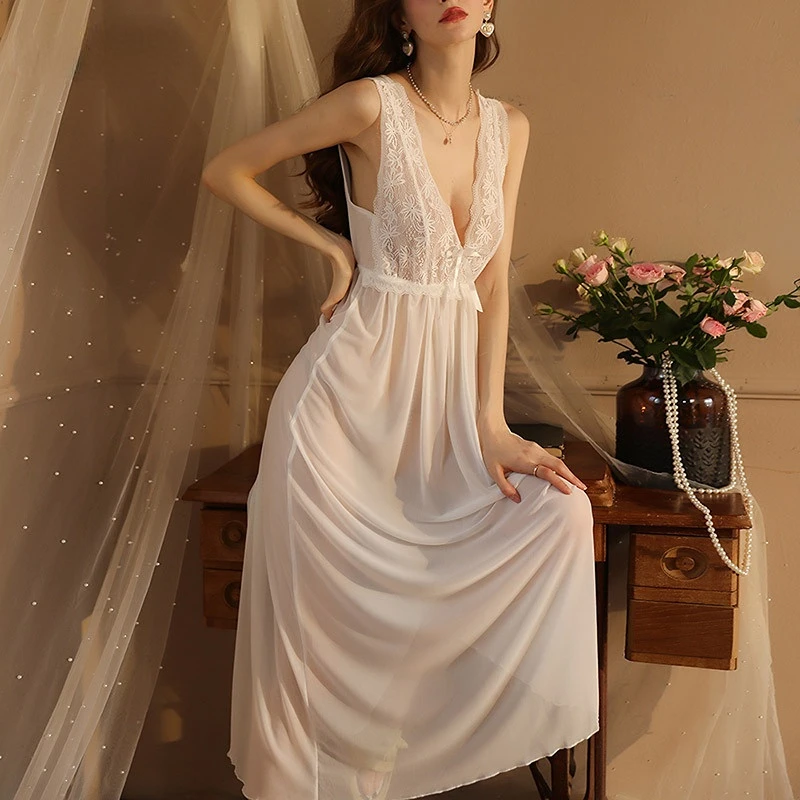 

Women Lingerie Lace Babydoll Nightdress Mesh Chemise V Neck Sleepwear Wedding Nighties Bridal Nightgown Lounge Dresses