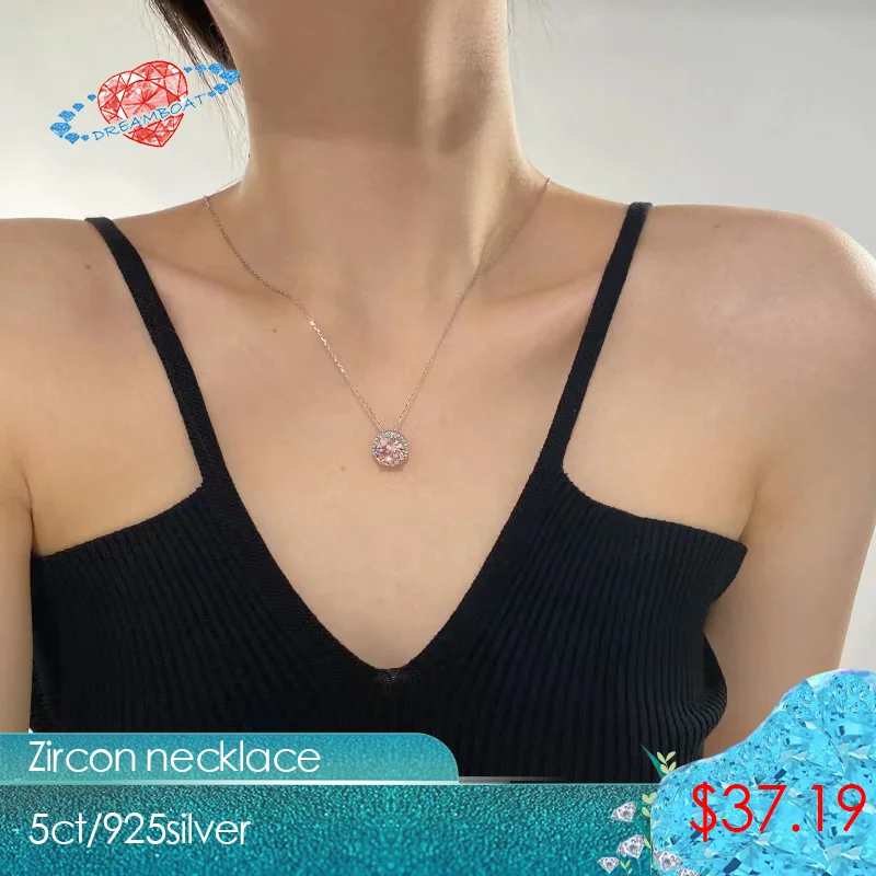 

Dreamboat Diamond S925 Sterling Silver Fireworks Cut Round Sparkling Pink Pendant Necklace with Ocean Star Claw Chain Necklace