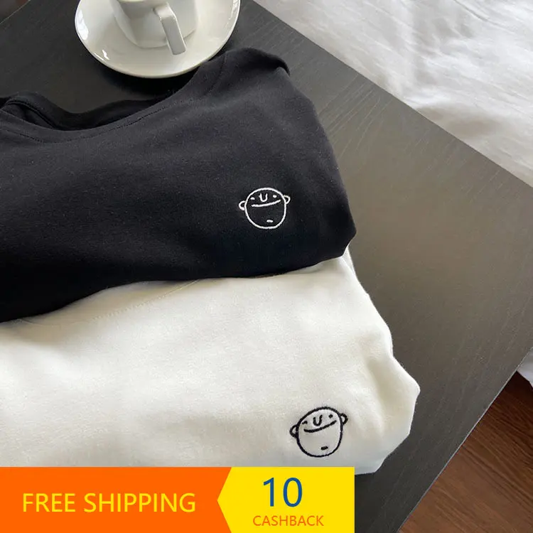

Double-Sided Warm Long Sleeve T-shirt Women's Brushed Embroidered Crew Neck Korean Style Slimming Thickened Bottoming Shirt Y2g