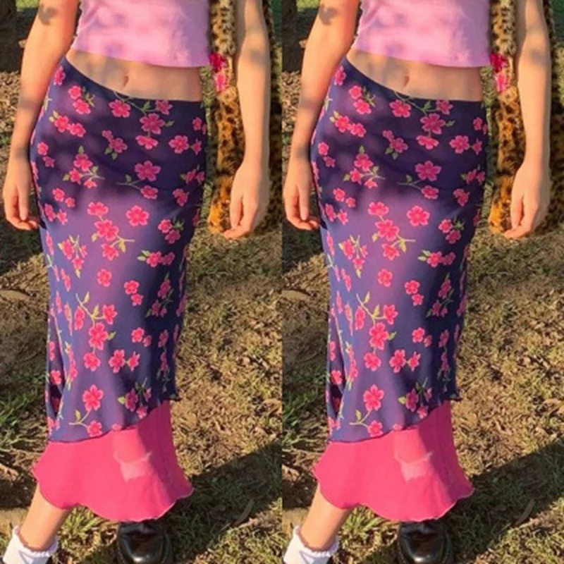 

NEW-Flower Print Cute Midi Skirts Women Double Layer Chiffon Kawaii Clothes Aesthetic Low Waisted Pencil Skirt