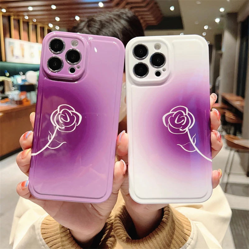 

Fashion Rose Flowers Purple Phone Case For iPhone 14 Pro Max 13 11 12 Pro Max 14 Plus Luxury Soft Silicone Shockproof Back Cover