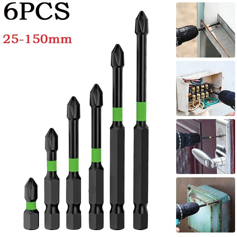 

6pcs Magnetic Batch Head Impact Strong Cross PH2 High Hardness Screwdriver Bits 60/70/90mm Anti Non-slip WaterProof Bits