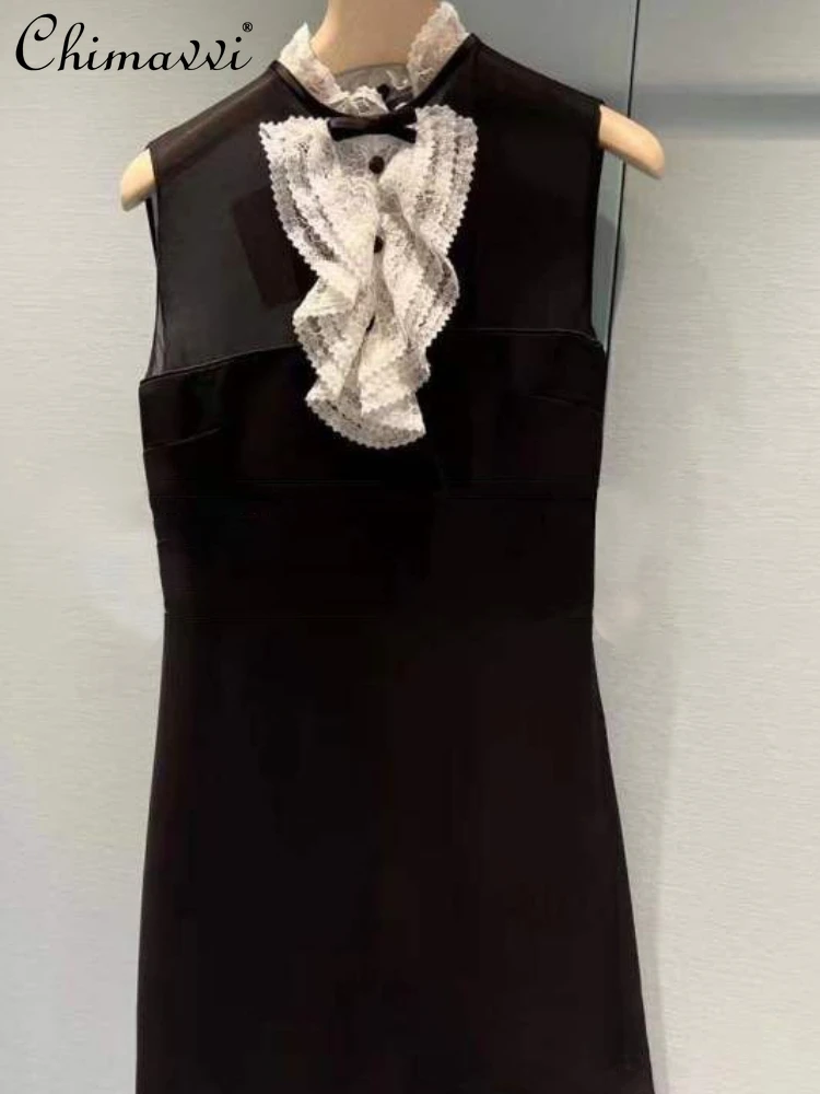 

Lace Ruffle Collar Sleeveless Slimming Short Dress Ladies 2022 Summer New Retro Fashion Solid Color Bow Dress For Women