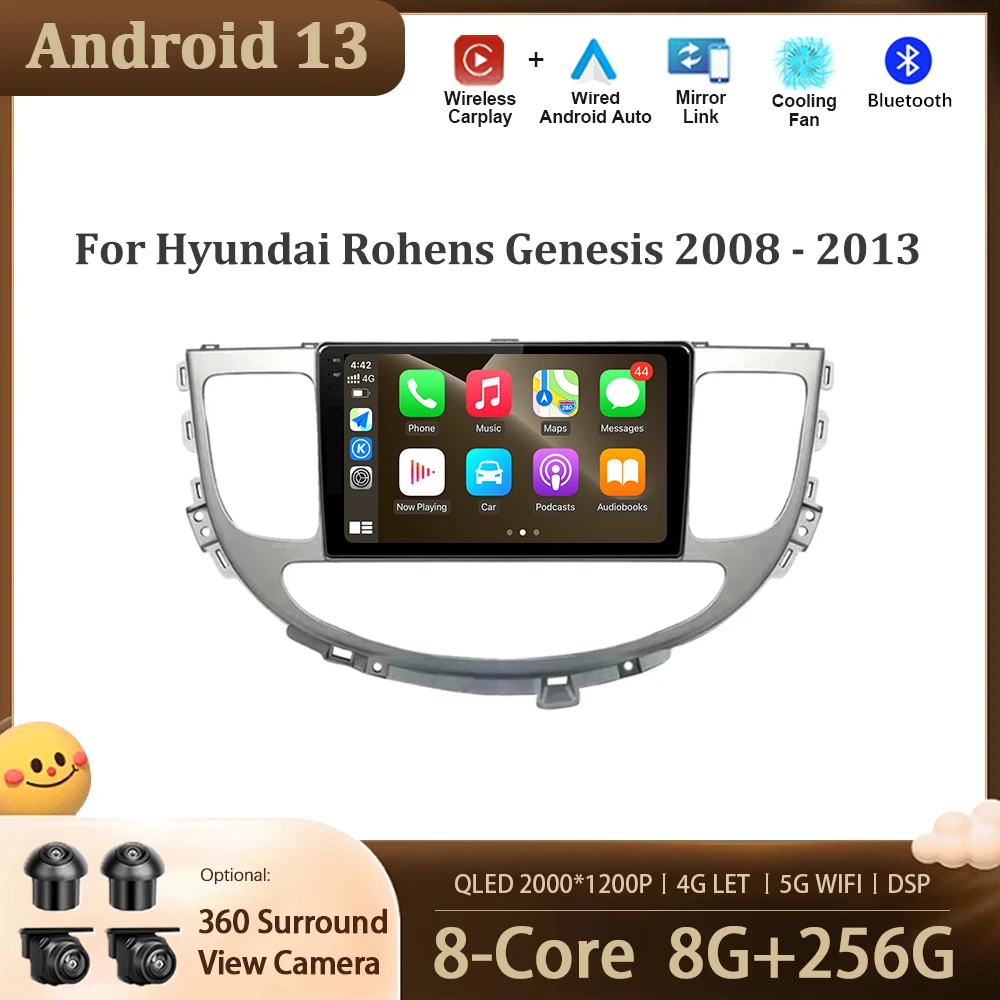 

Автомобильный мультимедийный плеер, Авторадио для Hyundai Rohens Genesis 2008-2013, навигационный экран, Android 13, Wi-Fi, BT, DSP, 4G LET Carplay