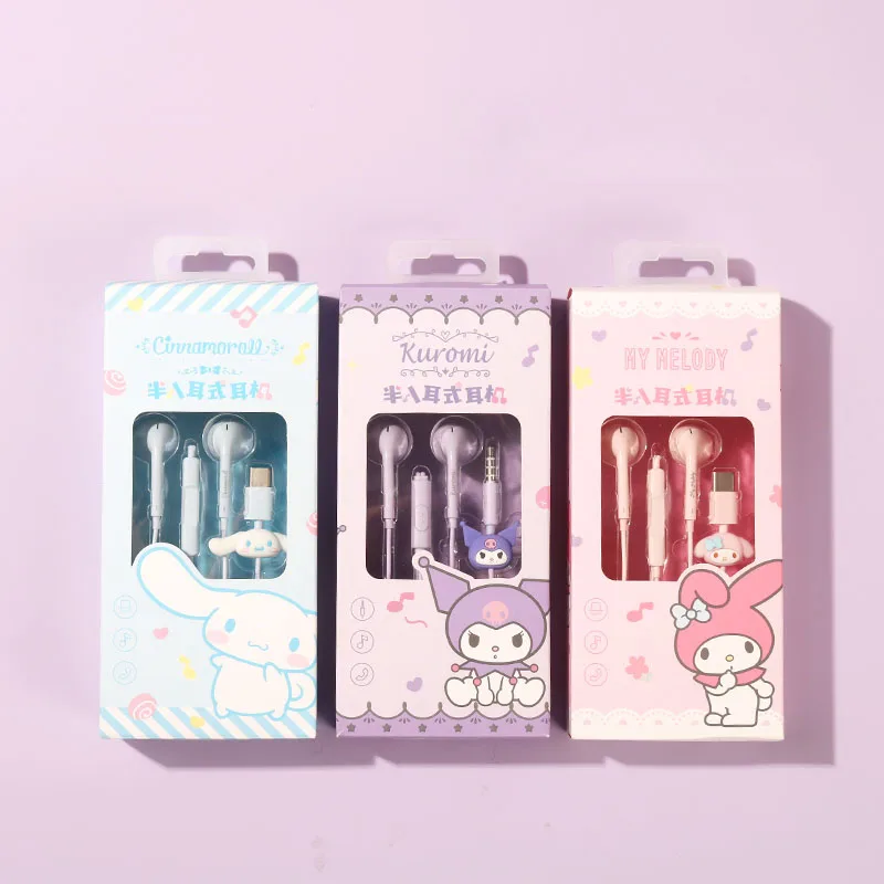 

Kawaii Kuromi My Melody Cinnamoroll Universal Wired Headset Anime Sanrioed Girl Heart In-Ear Music Sports Headphones Girl Gift