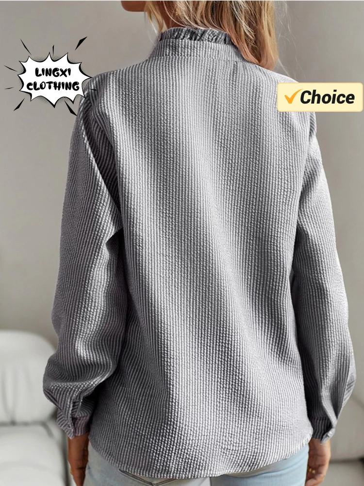 Женская Приталенная Полосатая Рубашка С Оборками Офисный Профессиональный Топ