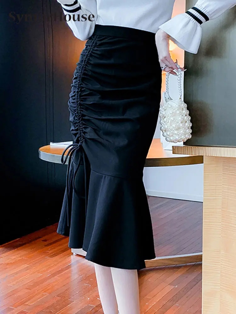 

Vintage Skirts Women 2022 Summer Autumn Korean High Waist Folds Ruffles Knee-Length Mermaid Skirts Casual Fashion Black Apricot