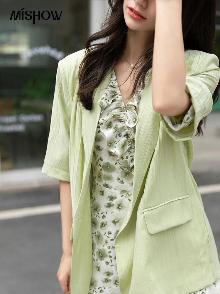 

MISHOW 2022 Summer Blazer For Women Short Sleeve Pleated Solid Loose Office Lady Slim Jackets Casual Clothing MXB22W0361