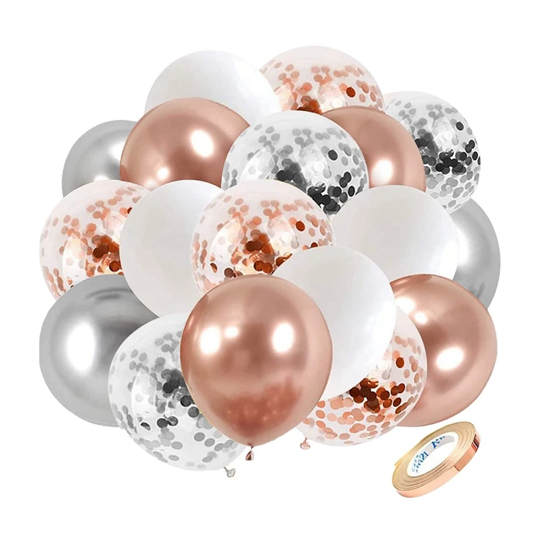 

61 Pcs 12 Inch Rose Gold Silver Confetti Latex Balloons Kit, With Ribbon For Birthday Wedding Anniversary Bridal Shower