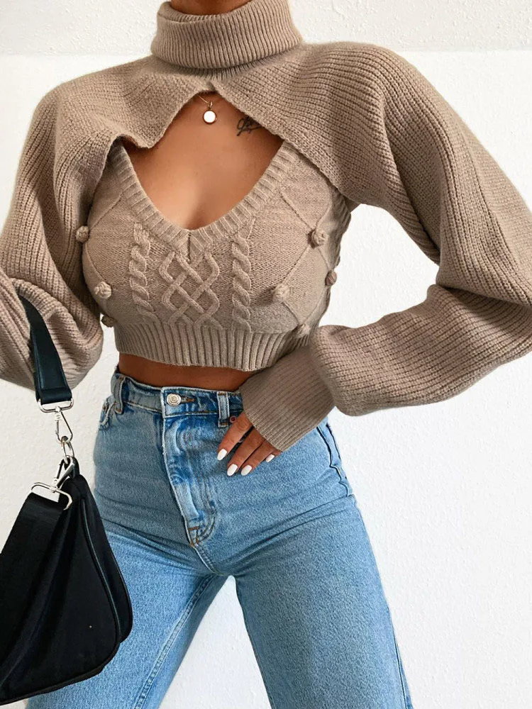 

Hairball 2 piece set women autumn winter turtleneck crop sweaters vest knit top Sexy backless knitted chic new jumper