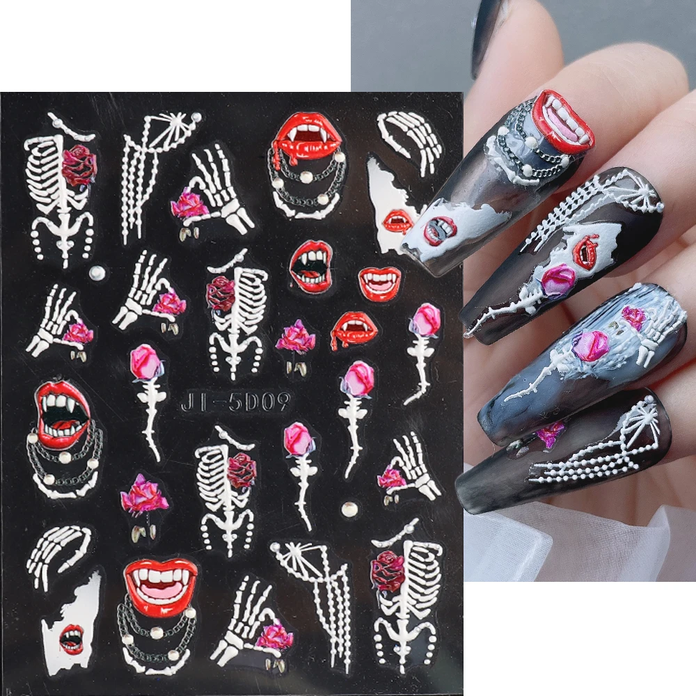 

Halloween 5D Nail Sticker Horror Mask Decor Spooky Design Bones Blood Drips Skull Sliders For Nails Lips Decal Wraps