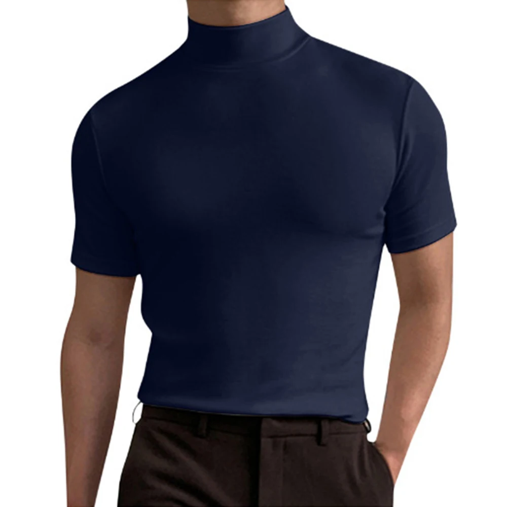 

Men T-shirts Turtleneck Pullover Casual Solid Slim Muscle Short Sleeve Tight Tee Tops T-Shirt Korean Tee Shirt Streetwear Tops
