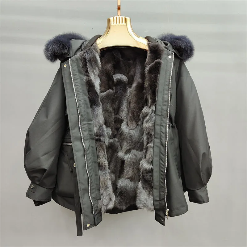 

2023 New Women Fox Fur Liner Detachable Parkas Winter Female Loose Large Size Thicken Warm Hooded Fur Jacket Fashion Outcoat