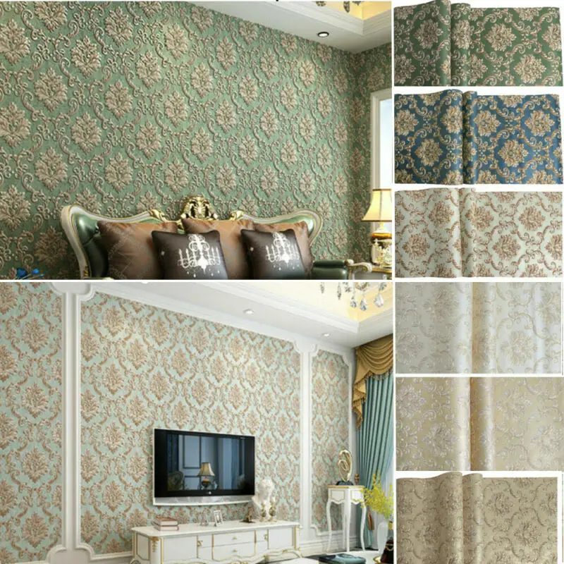 

10M European Damask Wallpaper Embossed Textured Non-woven Roll Living Room Bedroom Wall Decor