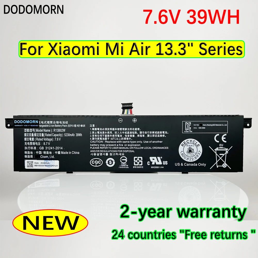 DODOMORN R13B02W R13B01W Laptop Battery For Xiaomi Mi Air 13.3'' Series 7.6V 39Wh 100% New 2-Year Warranty Laptop Batteries