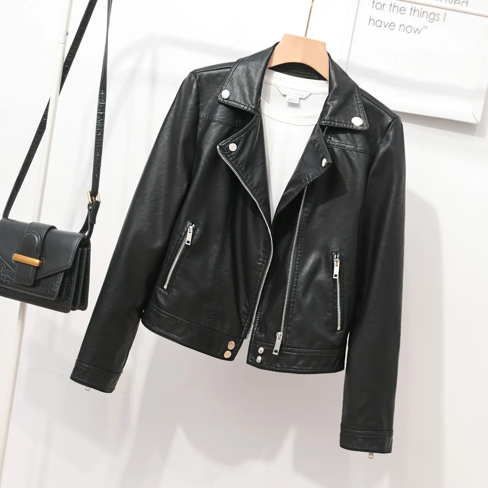 2023 spring new women's simple lapel leather jacket short motorcycle suit leather casual coat