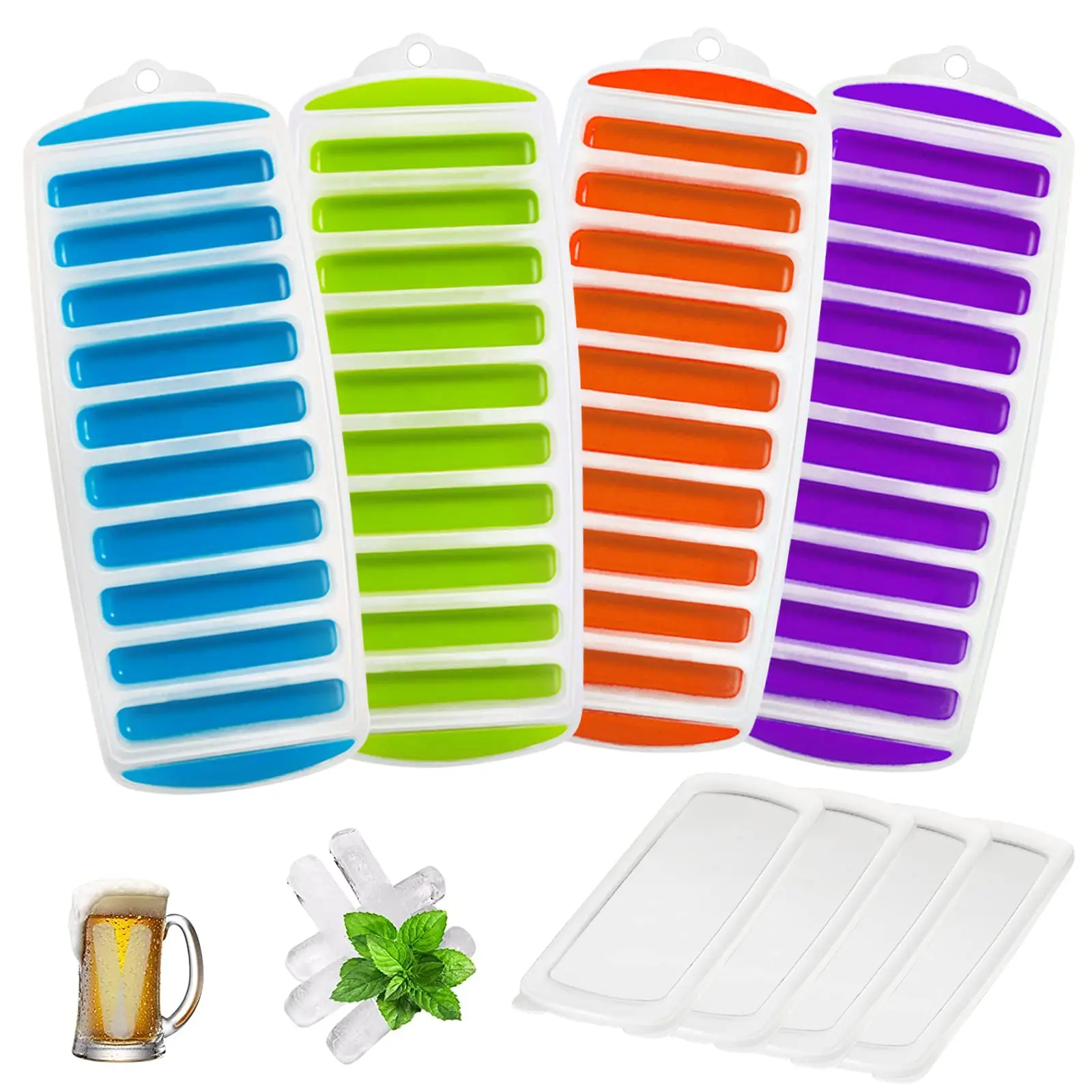 

4 Pack Ice-Making Moulds with Removable Lid, Creative Long Cylindrical Ice Tray Soft Glue Bottom Ice Cube Tray