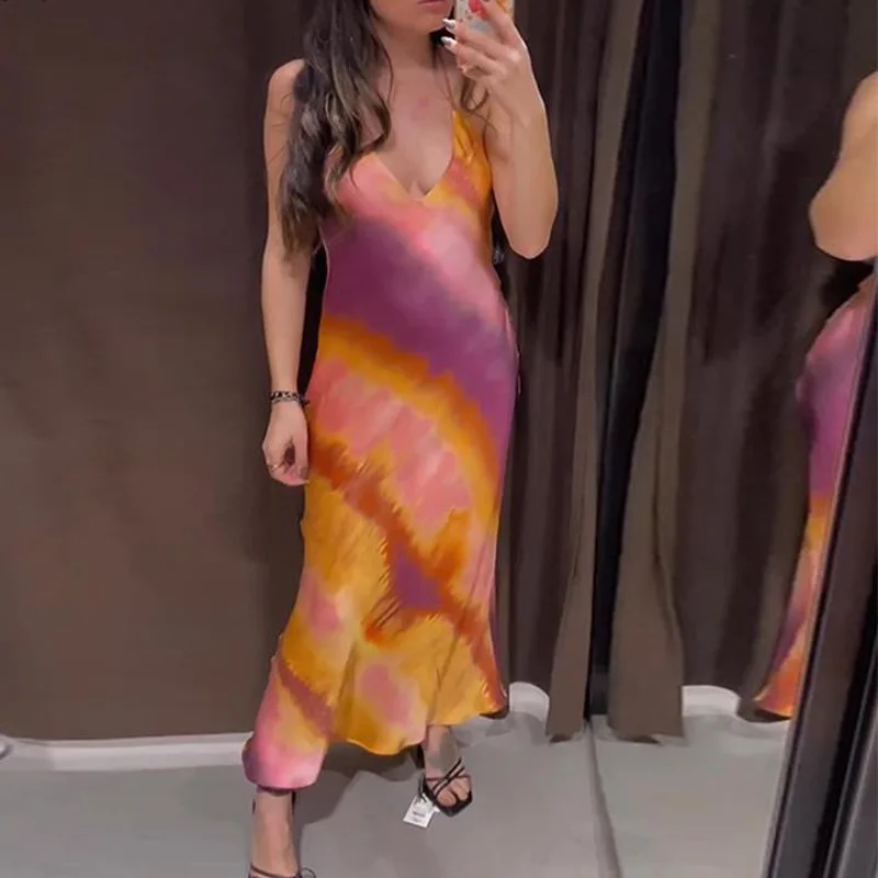 

2023 Women Fashion Sexy V Neck Tie Dye Printing Dress Female Sleeveless A Line Sling Dresses Summer Lady Chic Backless Vestidos