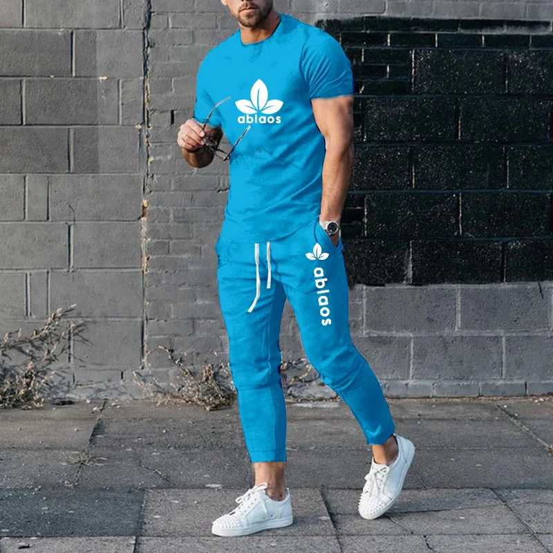 3D printing short-sleeved T-shirt trousers men's 2-piece summer sportswear men's T-shirt suit casual trend oversized clothes