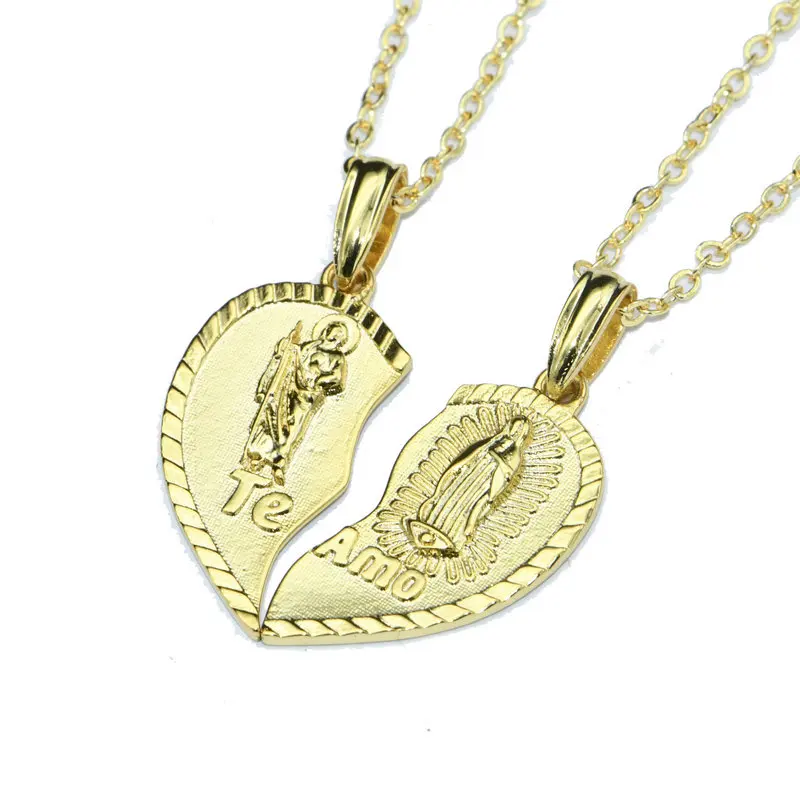 

New Design Spainish Te Amo Gold Plated Jesus Christ & Virgin Mary Heart Shape Lovers Pendant Necklace For Couples